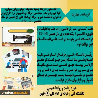 اخذ مجوز 3 رشته جدید مکانیک خودرو برای پسران ، طراحی و دوخت و مهندسی حرفه ای کامپیوتر نرم افزار برای دختران دانشکده فنی و حرفه ای امام علی (ع) طبس در سال تحصیلی 1401-1400